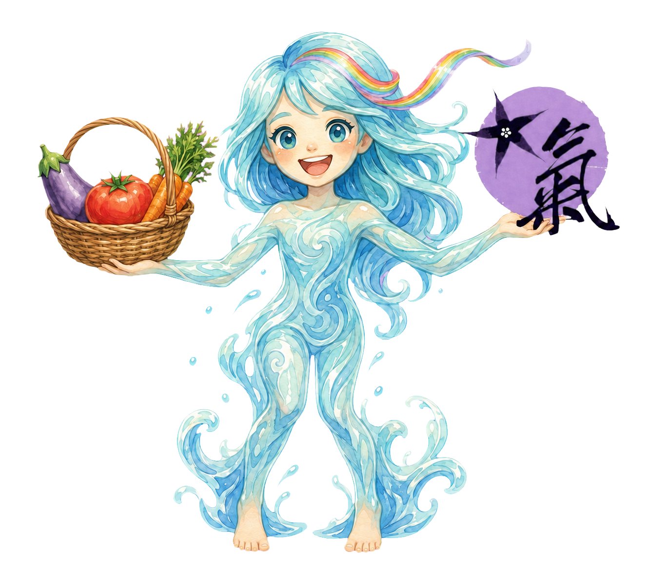 Nami, personnage fait d’eau, tenant un panier de légumes et le logo Namidō