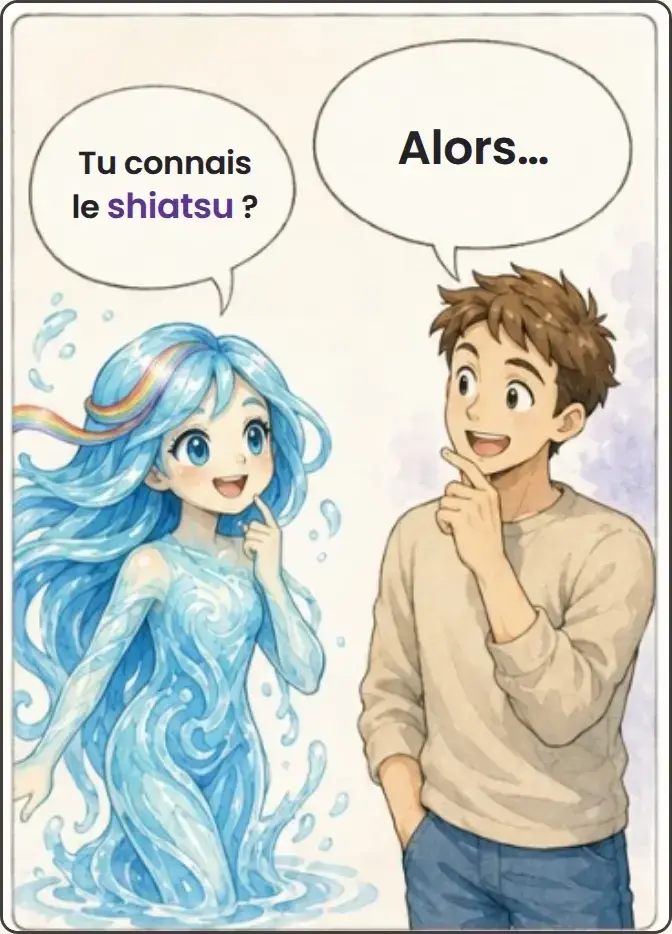 Nami demande : Tu connais le shiatsu ? Le jeune homme répond : Alors…