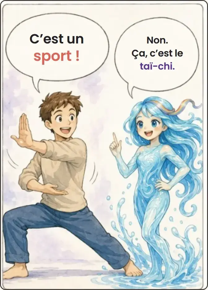 Le jeune homme propose : C’est un sport ! Nami répond : Non. Ça, c’est le taï-chi.