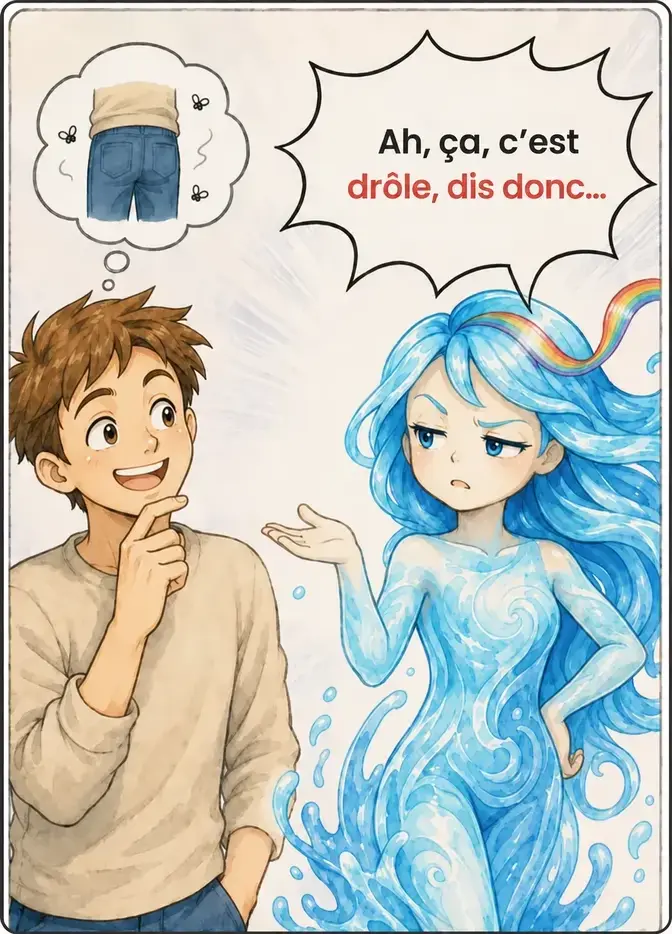 Le jeune homme pense à un pantalon entouré de quelques mouches et sourit, content de sa blague. Nami répond avec ironie : Ah, ça, c’est drôle, dis donc…