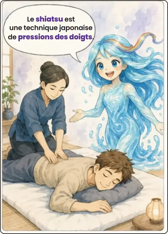 Nami explique : Le shiatsu est une technique japonaise de pressions des doigts.