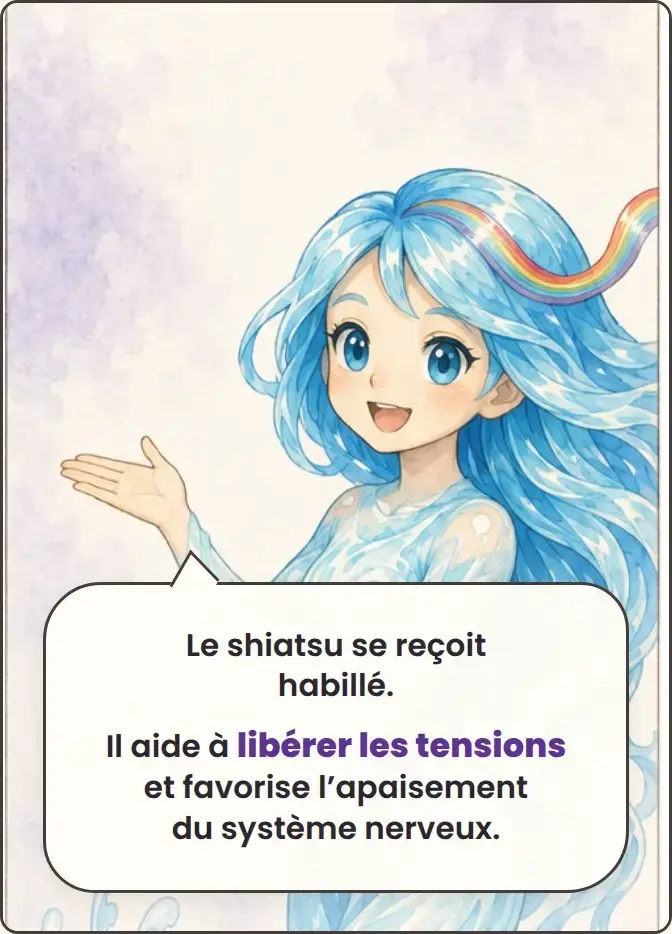 Nami explique : Le shiatsu se reçoit habillé. Il aide à libérer les tensions et favorise l’apaisement du système nerveux.