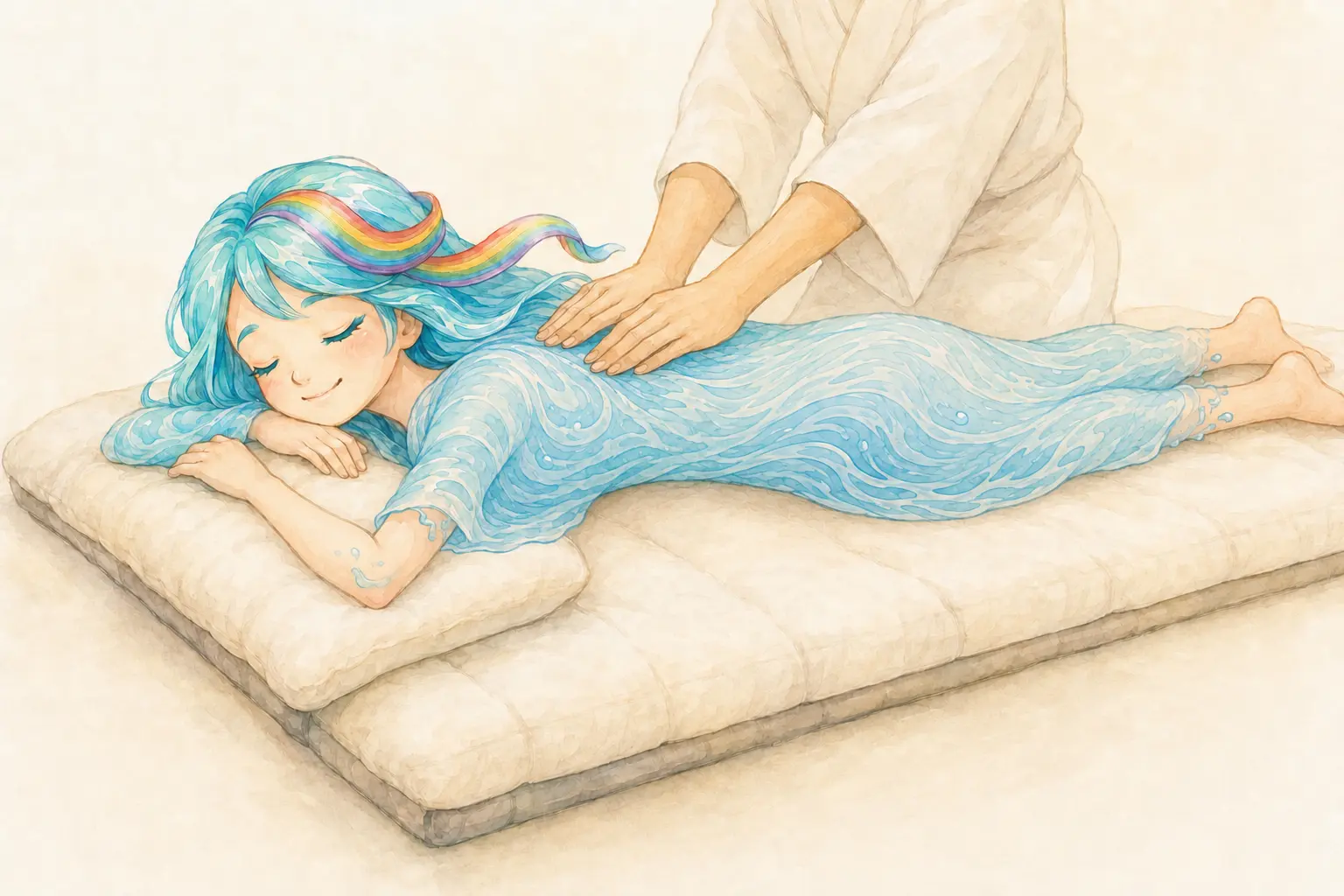Nami reçoit une pression de shiatsu sur un futon et lâche prise avec un sourire apaisé