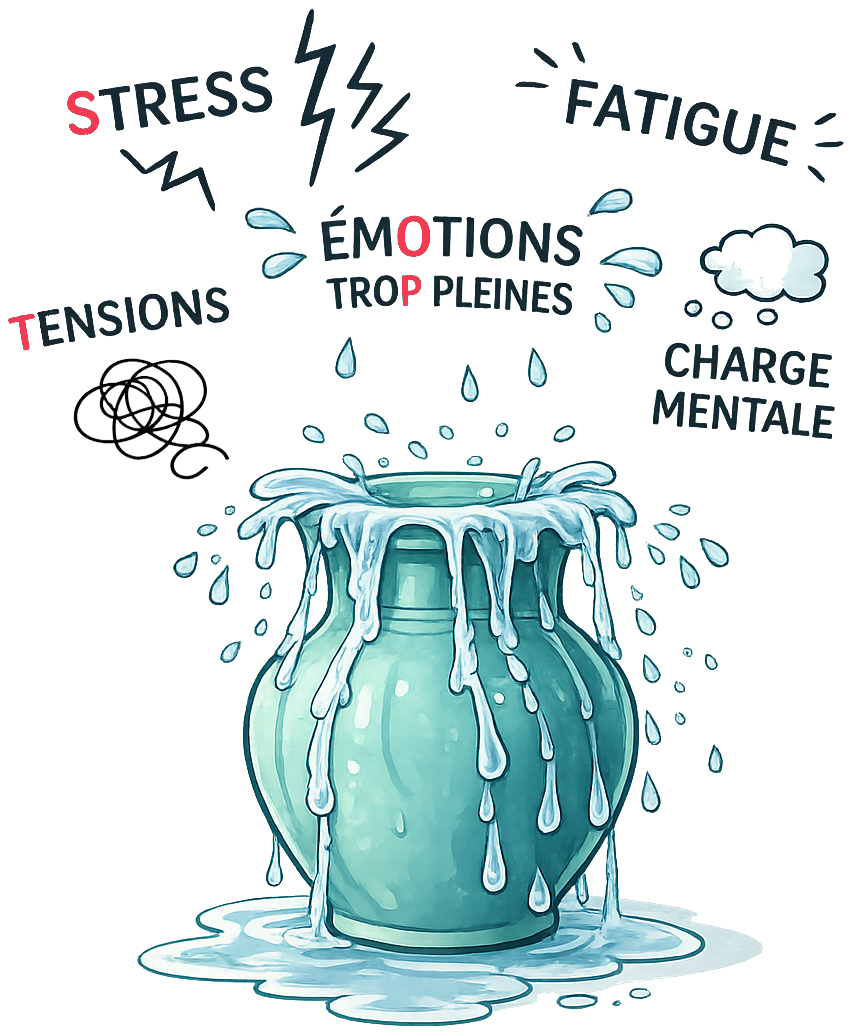Stress, fatigue, tensions, émotions trop pleines et charge mentale s’accumulent autour d’un vase qui déborde
